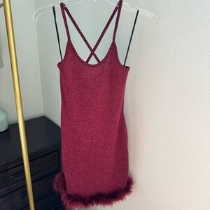 Burgundy Bodycon Faux Fur Trim Mini Dress - Size Small - Kimcine